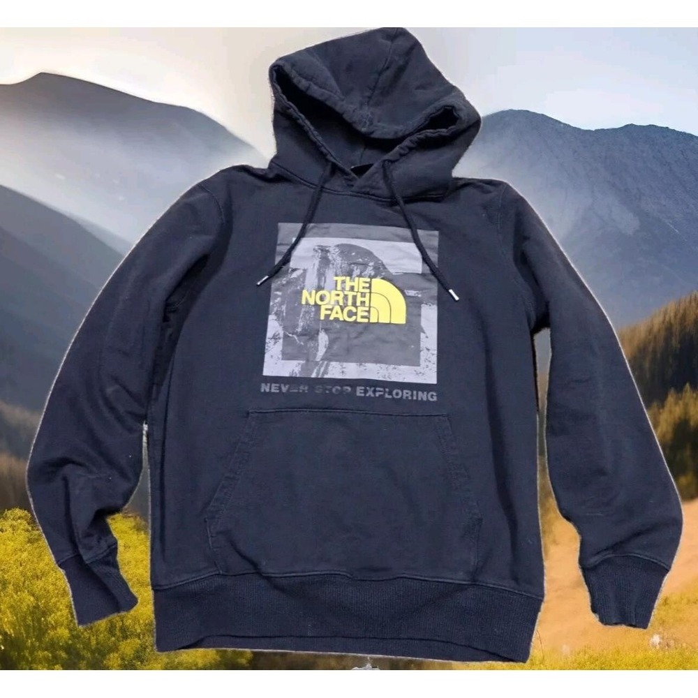 The North Face Hoodie Mens Medium Black Excellent Graphic Pullover Sweatshirt